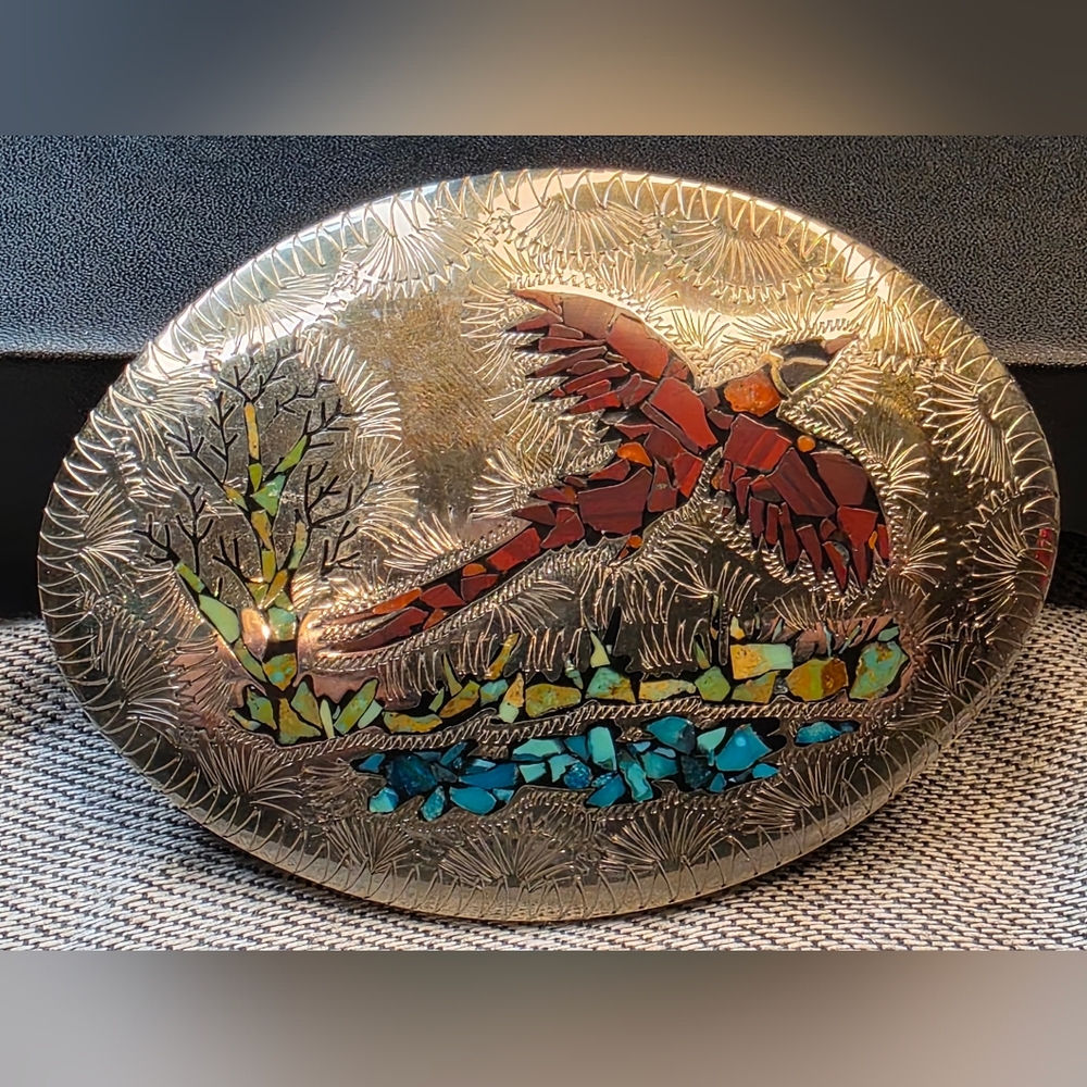 Pheasant/Bird Turquoise Coral Wood Mixed Stone Inlaid Mark HSS Etched BeltBuckle - Picture 5 of 14